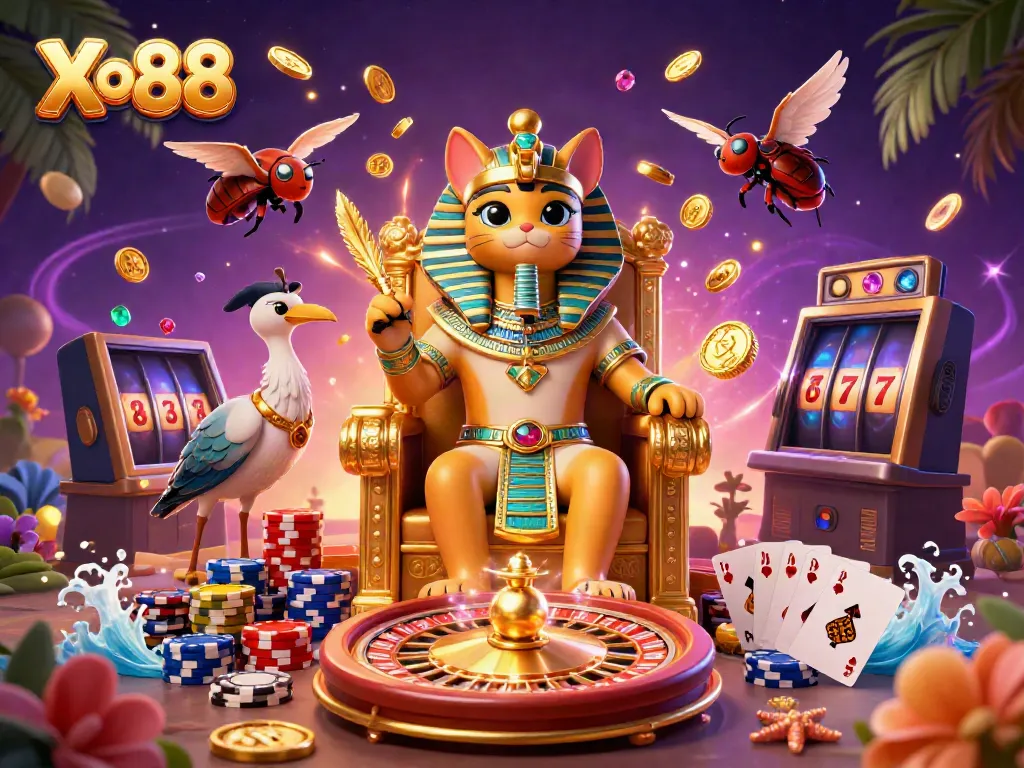 Engage in exciting gameplay at Xo88, featuring a pharaoh cat and vivid casino elements.