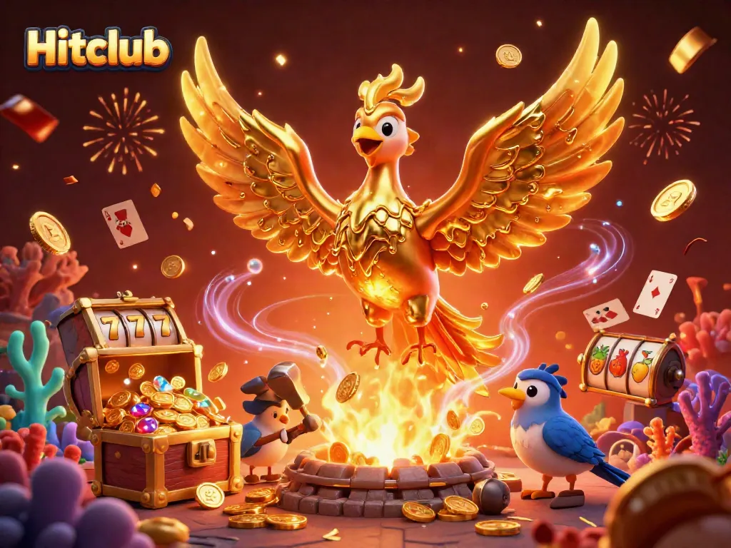 Experience exhilarating Hitclub gameplay with a golden phoenix soaring through a treasure-filled casino.