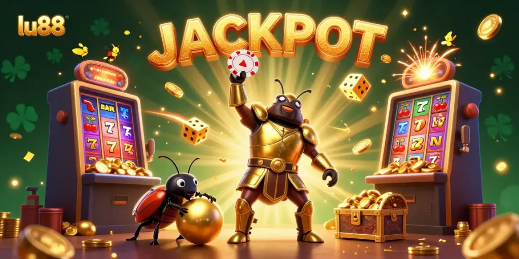 Experience thrilling wins with lu88 as the hercules beetle lifts a poker chip in a jackpot-filled casino