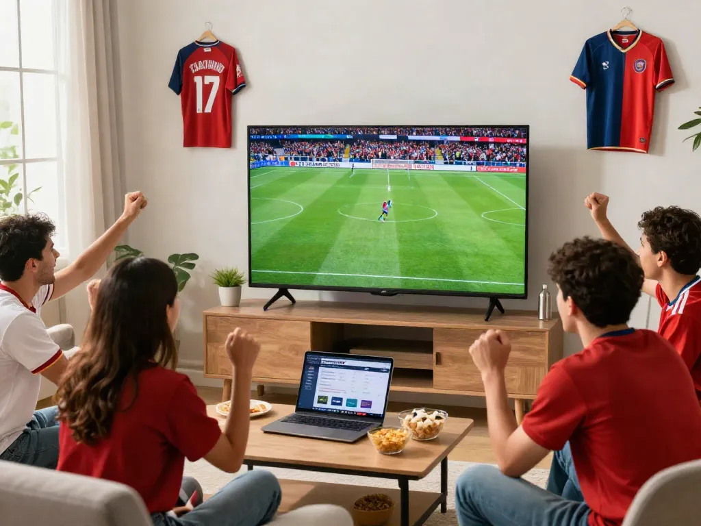 Thapcamtv fans watching live football match in an engaging living room setting.