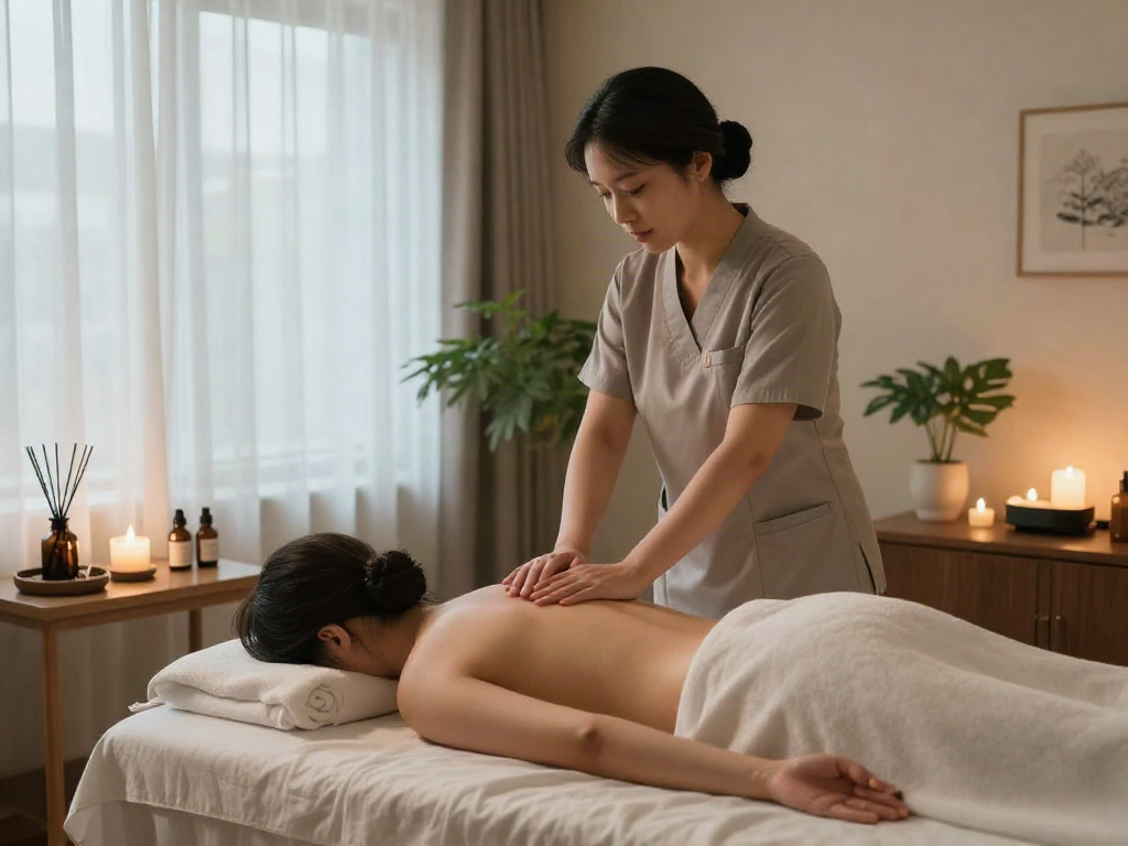 Experiencing a relaxing 용인출장마사지 in a serene wellness spa atmosphere with ambient lighting and calming plants.