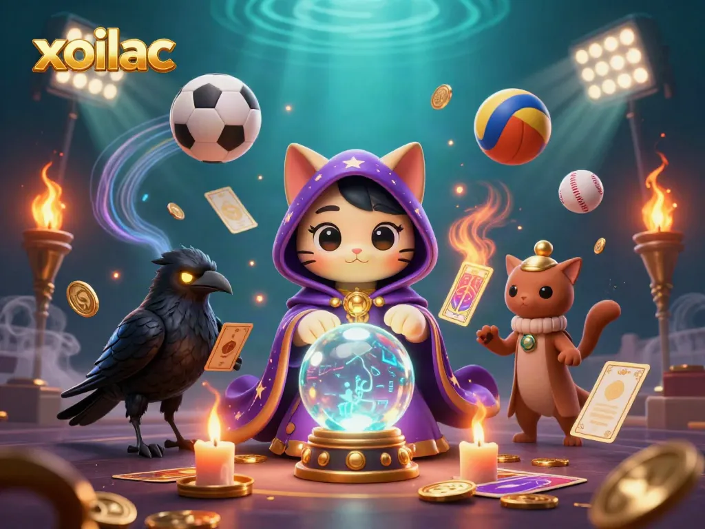Xoilac offers exciting sports betting action with cartoon mystic characters and dynamic sports elements.