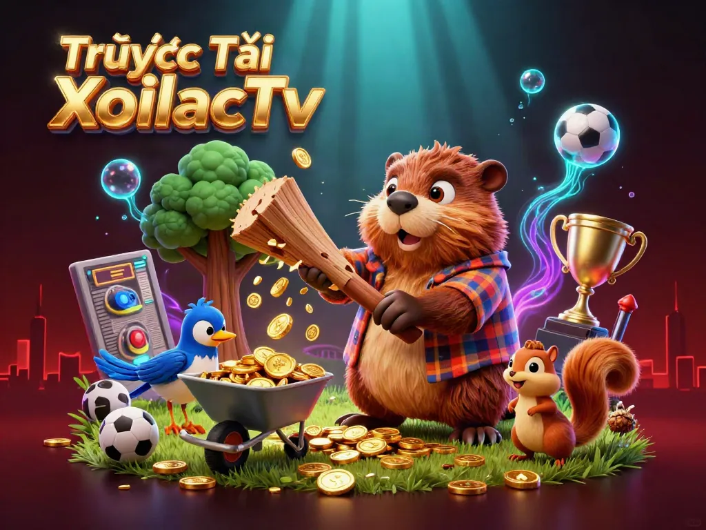 Engage with Trực Tiếp XoilacTv while viewing a lively 3D scene of a beaver collecting coins in a sports betting atmosphere.