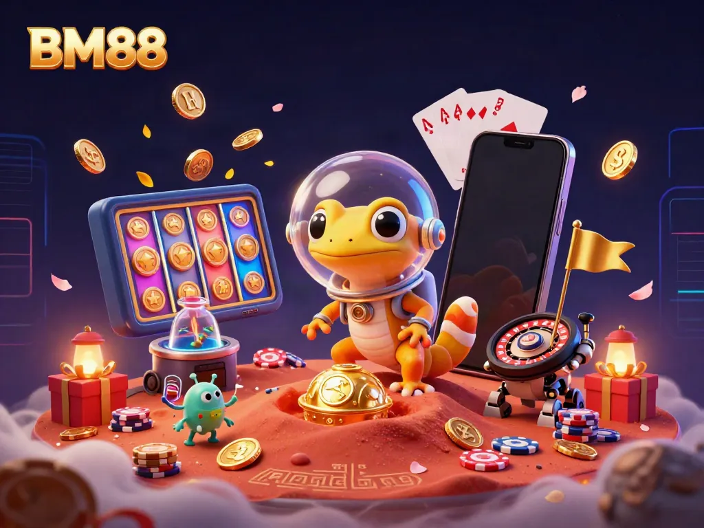 Experience the excitement of BM88 as the Martian gecko uncovers a golden casino on Mars.