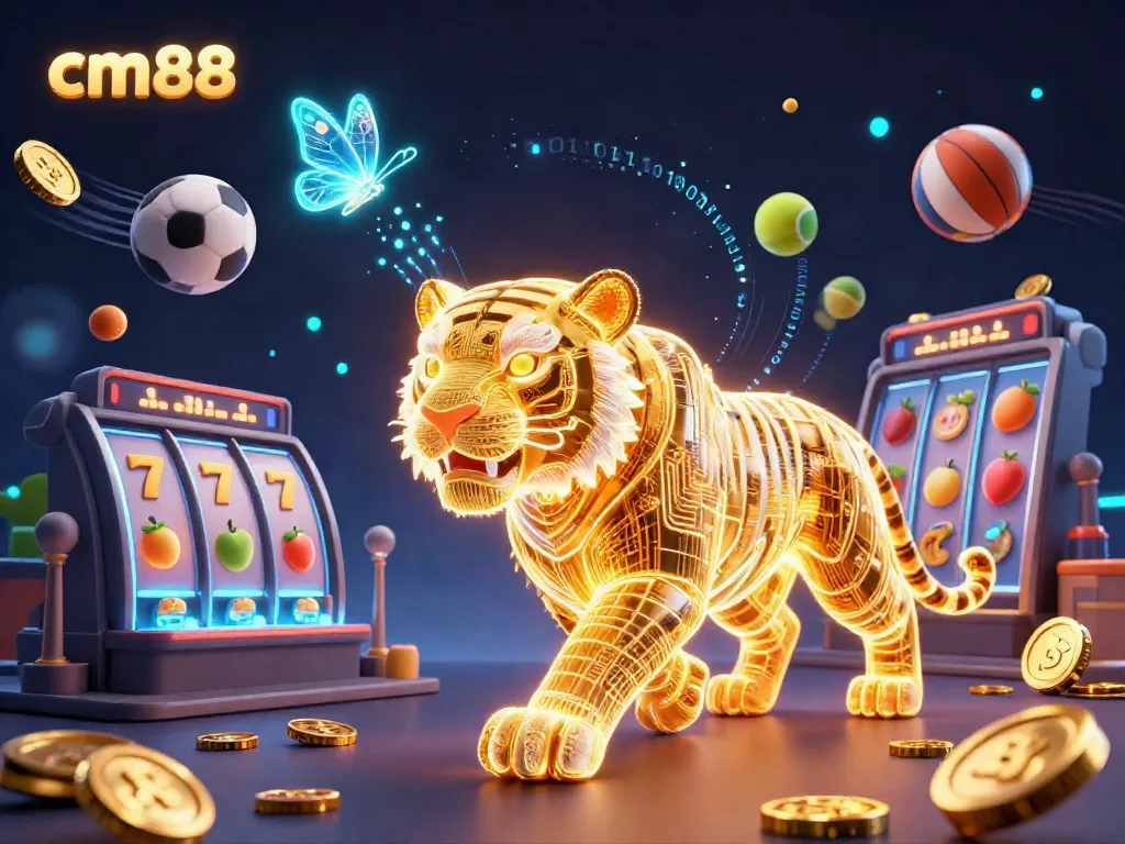 Engage with cm88's exciting world of gaming featuring a glowing tiger in a vibrant digital casino.