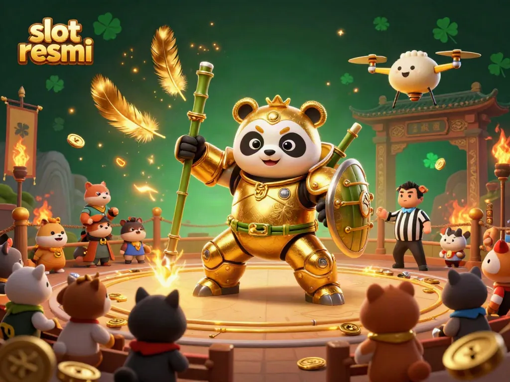 Engaging illustration of a mech-suit panda in a lively casino arena, showcasing slot resmi elements.