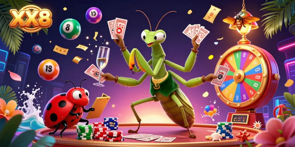 Experience the thrill of XX8 with a vibrant casino scene featuring a multi-armed mantis dealer, lively lottery balls, and dynamic game elements.