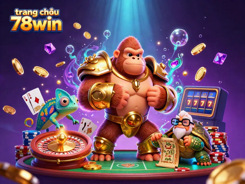 Engage with the thrilling world of trang chủ 78win featuring a powerful gorilla king and vibrant casino elements.