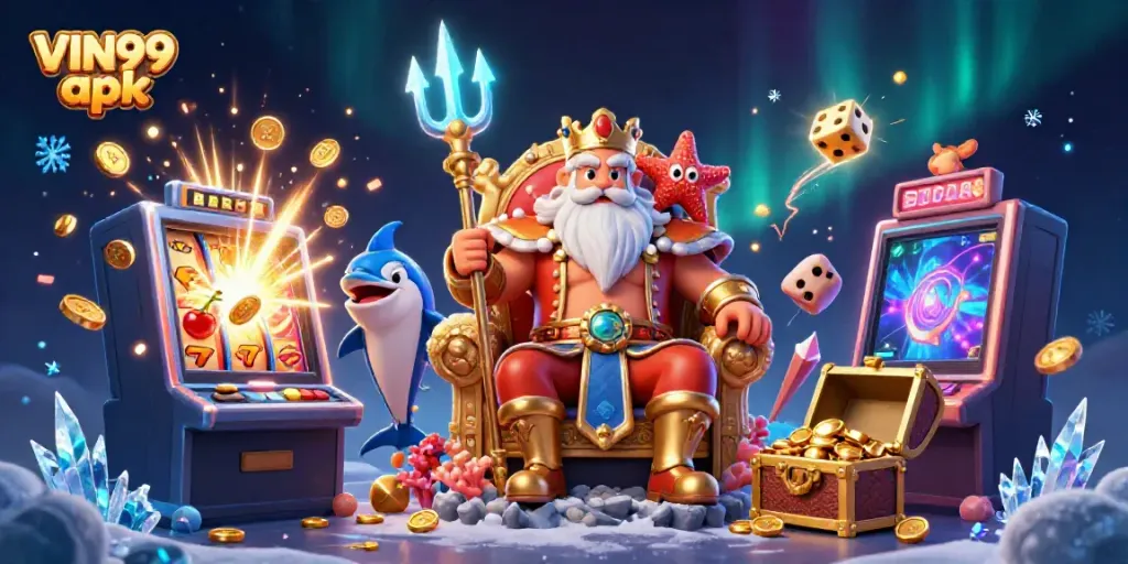 Experience the exciting world of VIN99 apk with vibrant casino elements and a dynamic sea king scene.