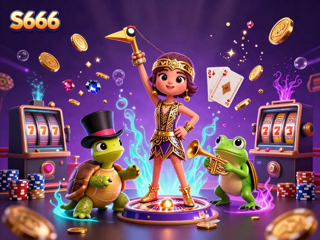 Experience the thrill of S666 with a 3D illustration showcasing vibrant characters and casino elements.