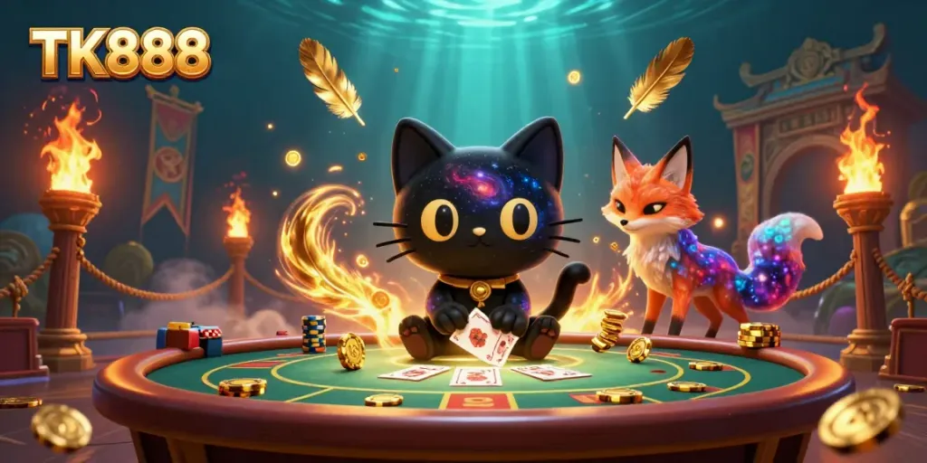 Engage with TK888's casino adventure featuring a cosmic cat pulling in chips and cards at a vibrant table.