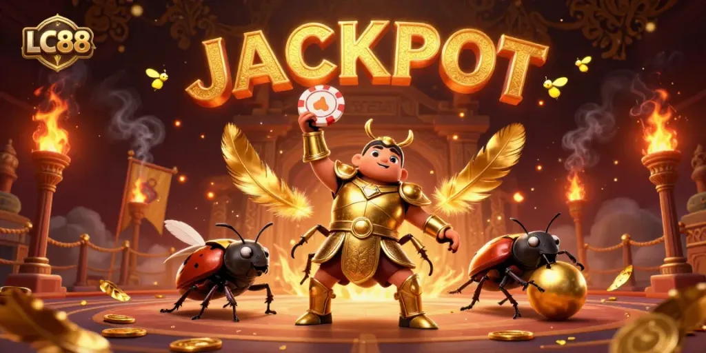 Experience the thrill of LC88 with a victorious beetle champion lifting poker chips amidst dynamic casino elements.