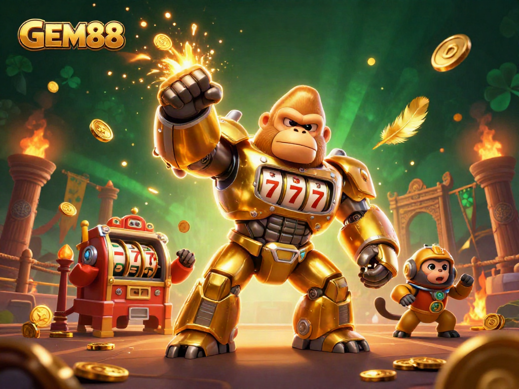 GEM88 showcases an exhilarating 3D scene with a golden gorilla mech and coins exploding from a jackpot.