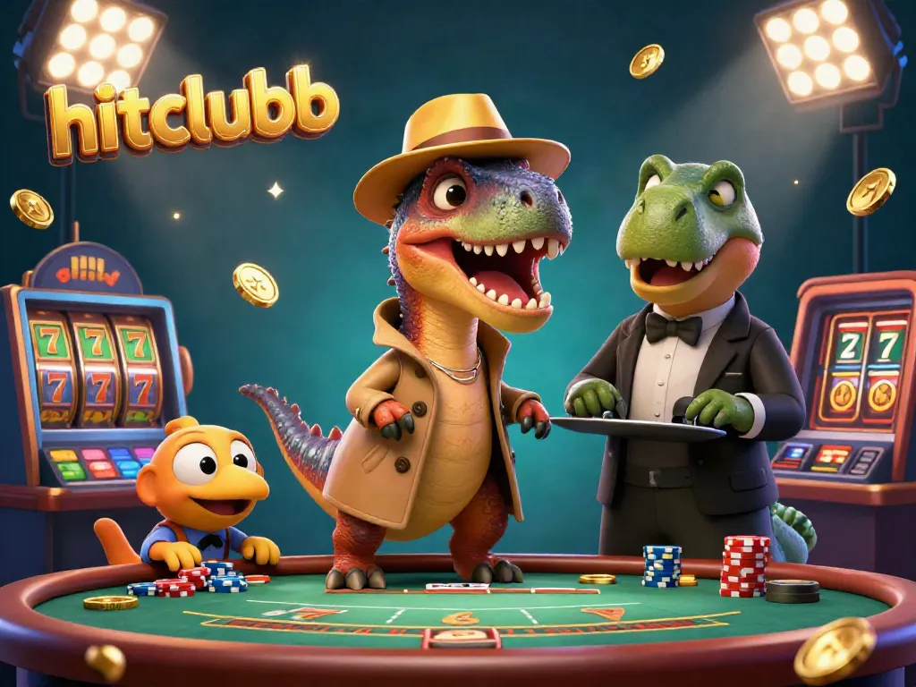 Experience the excitement of hitclubb with a mischievous velociraptor trying to win at blackjack while a stegosaurus watches.