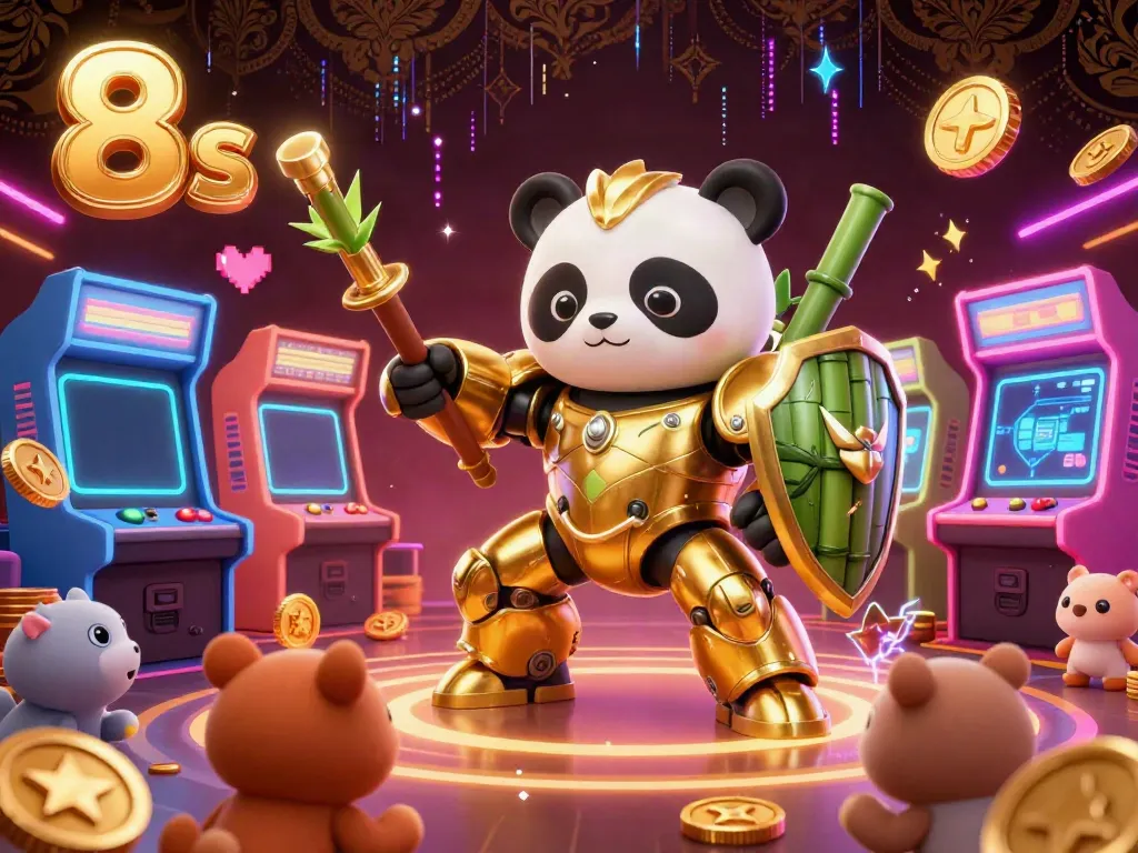 Engage with exciting games at 8s' vibrant casino arena filled with cheerful animal spectators and colorful arcade elements.