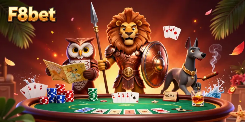 Experience the thrill of poker at F8bet with vibrant 3D characters and gaming elements.