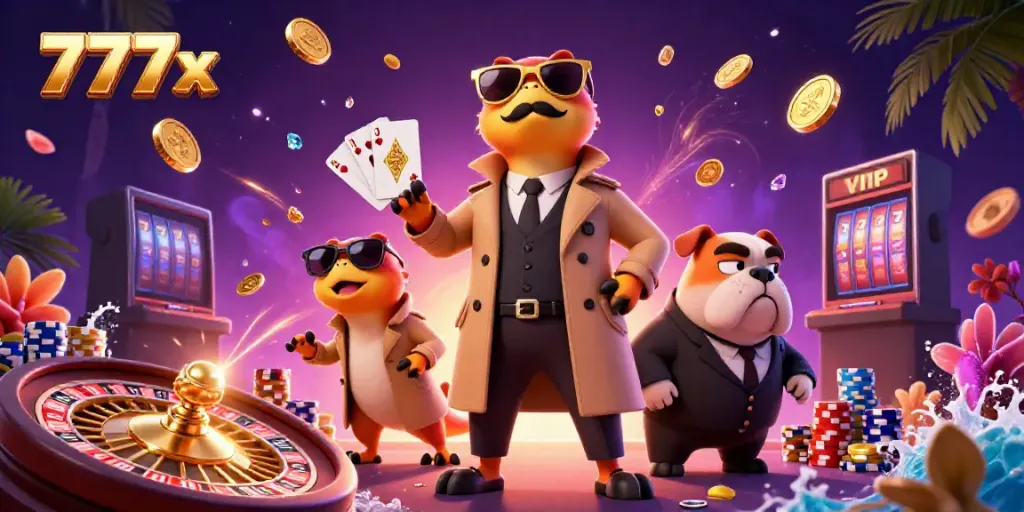 Experience the excitement at 777x Casino with raptors in a trench coat entering a VIP lounge.