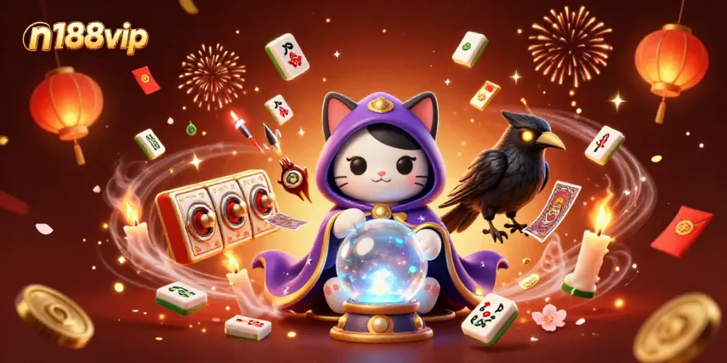 Engage with n188vip's vibrant online casino world featuring mystic characters and festive elements.
