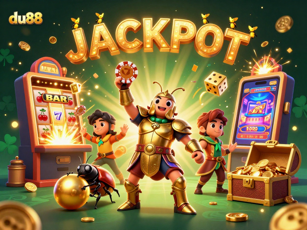 du88 jackpot scene with vibrant characters celebrating wins at a dynamic casino