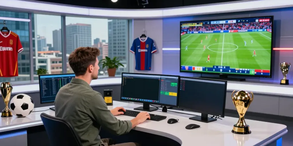 Football analyst at broadcasting studio analyzing cakhiatv match statistics with vibrant energy