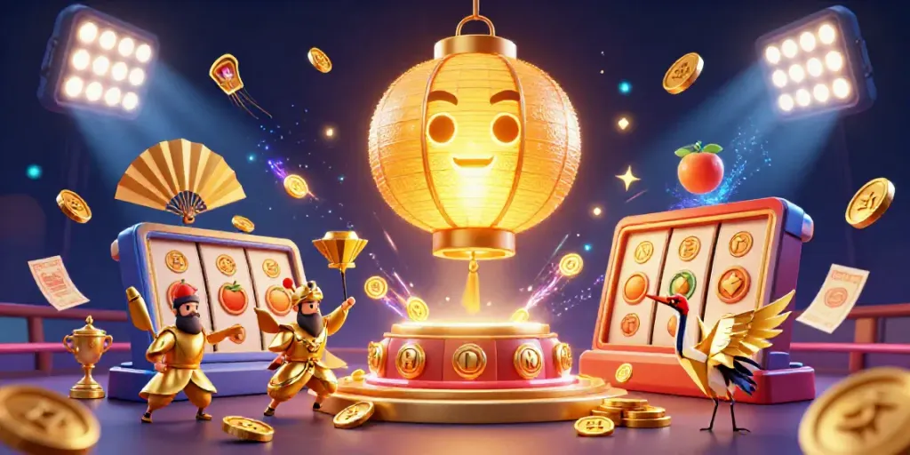 Experience excitement at the Nổ hũ casino, as a golden lantern spirit illuminates dynamic slot action.