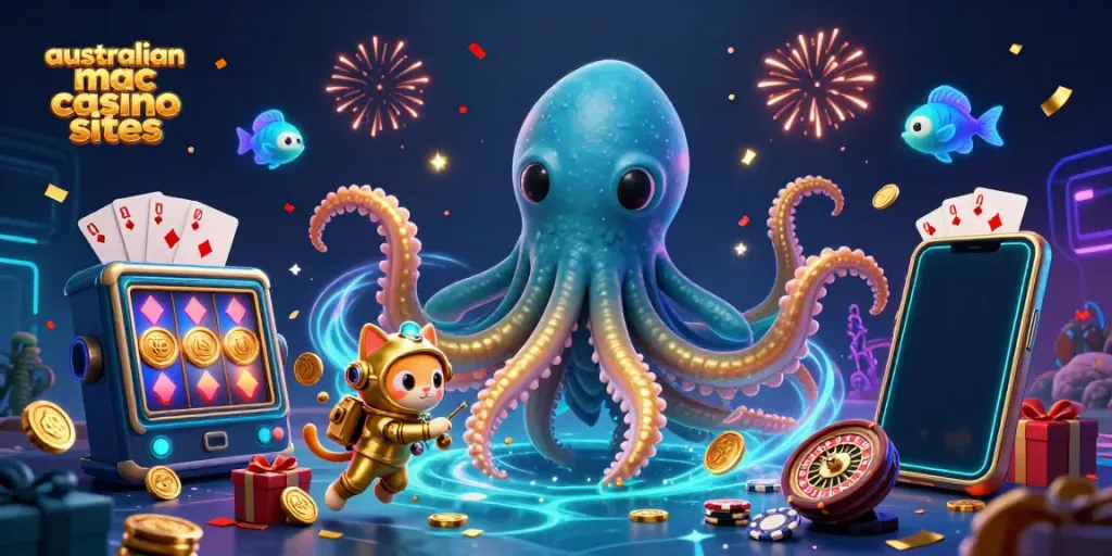 Engage with the vibrant australian mac casino sites featuring the kraken and diving cat in an immersive gaming scene.