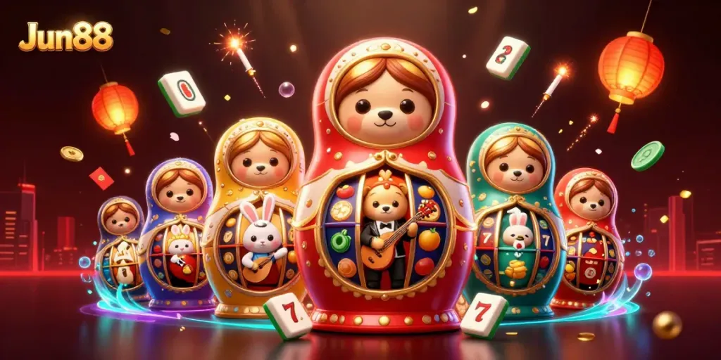Engage in Jun88 casino fun with a vibrant 3D illustration of exciting games and characters.
