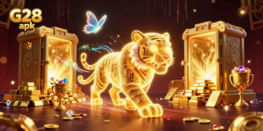 Experience the excitement of G28 apk with a dynamic 3D casino scene featuring a neon tiger and treasures.