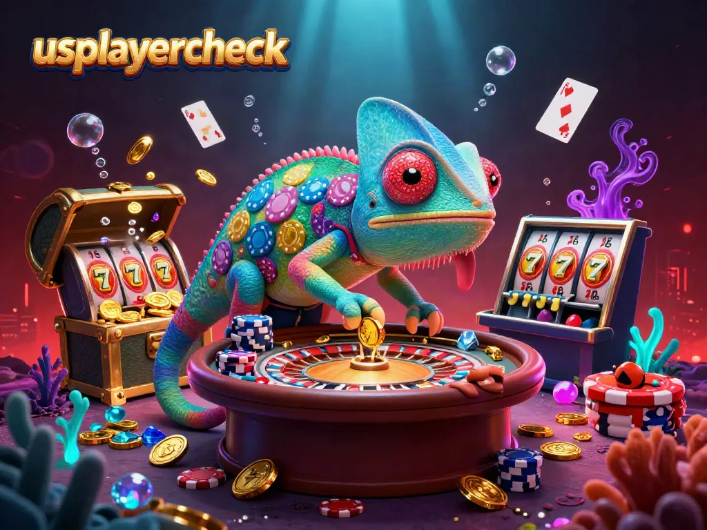 usplayercheck showcases a lively casino scene with a colorful chameleon and vibrant game elements.