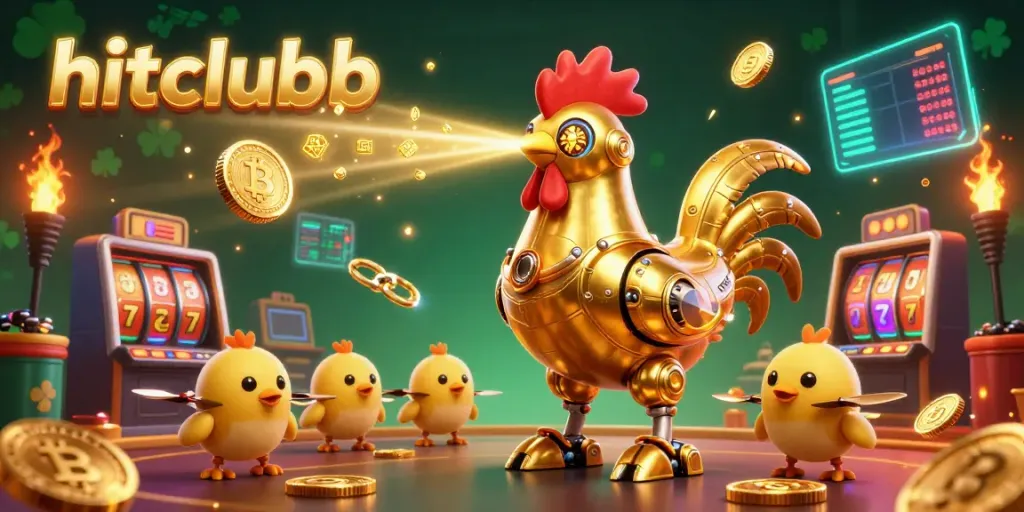 Experience thrilling gameplay at hitclubb, showcasing vibrant scenes with golden rooster robot and crypto elements dynamically integrated into a casino environment.