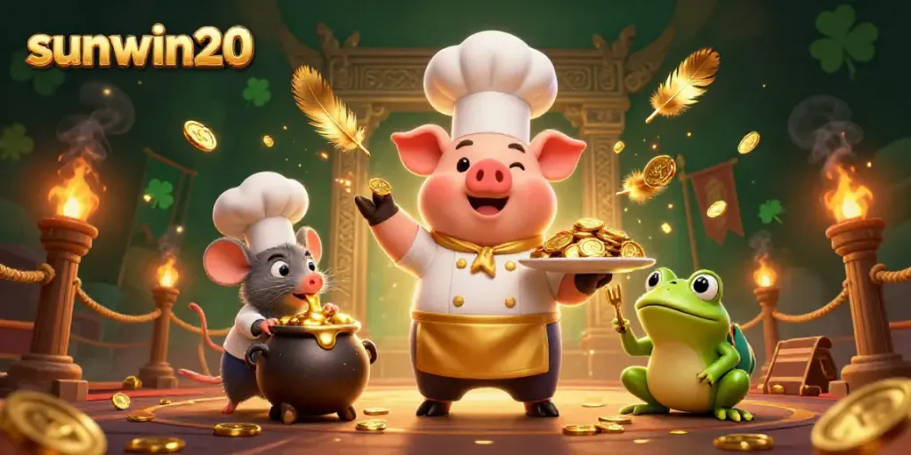 Engage with sunwin20 through a vibrant 3D casino scene featuring gold coins and charismatic characters.