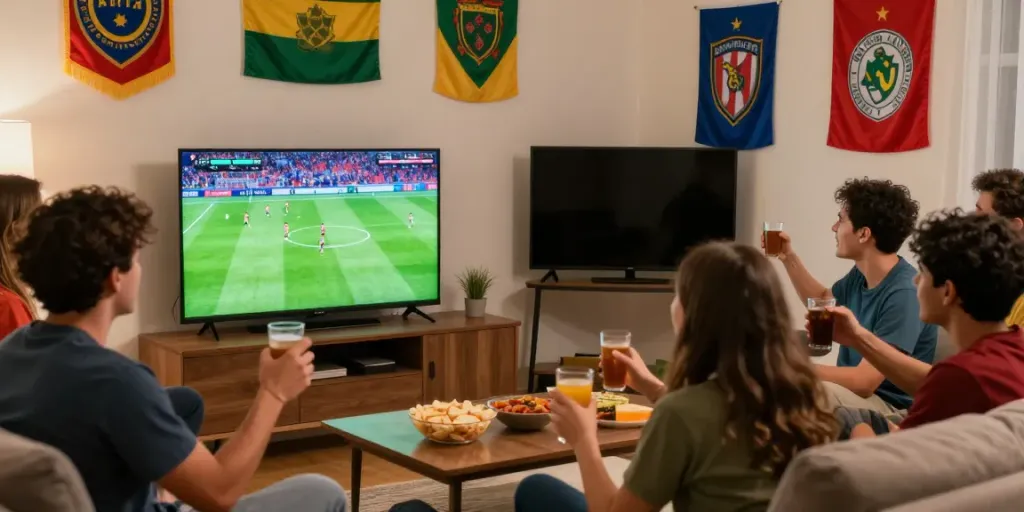 Fans enjoying a live football match on CakhiaTV in a vibrant living room.