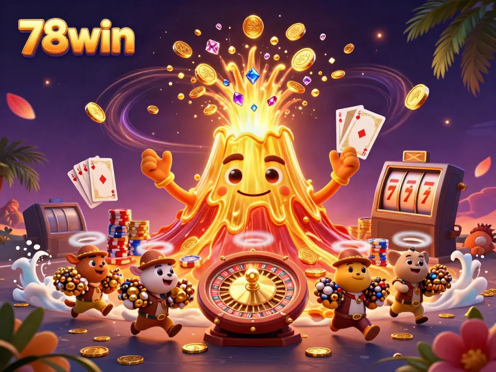 Experience the excitement of 78win with a triumphant golden volcano erupting coins and treasures.