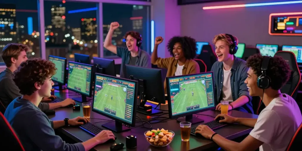 Exciting online gaming atmosphere with friends engaging in live sports betting at ZBET