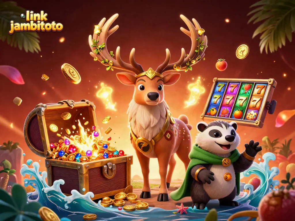 Experience the excitement of link jambitoto with a vibrant 3D illustration showcasing casino elements and mystical characters.