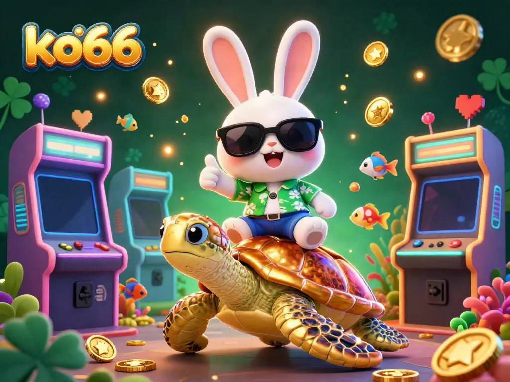Experience fun at KO66 with vibrant 3D cartoon characters celebrating games in a colorful casino-themed illustration.