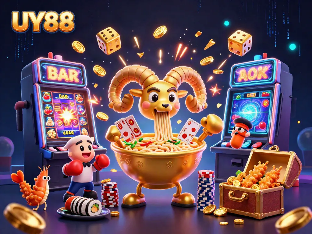 Experience thrilling gameplay at UY88 with a vibrant 3D illustration capturing casino excitement.