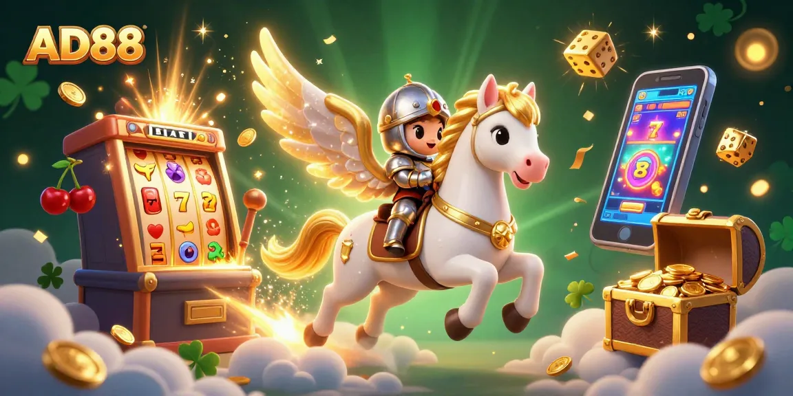 Experience thrilling luck with AD88 as a celestial horse and knight celebrate wins amidst casino treasures.
