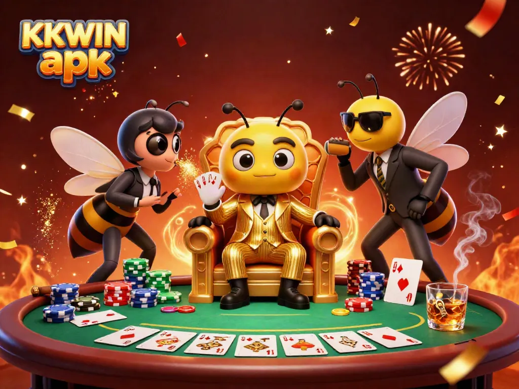 Engage with the vibrant KKWIN apk scene, showcasing a bumblebee mob boss ruling over poker chips and cards.