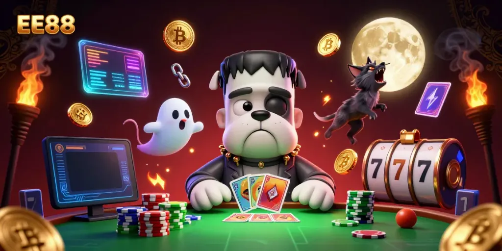 EE88 showcases a thrilling 3D cartoon scene with a Frankenstein bulldog dealing cards among Bitcoin coins, enhancing the casino experience.