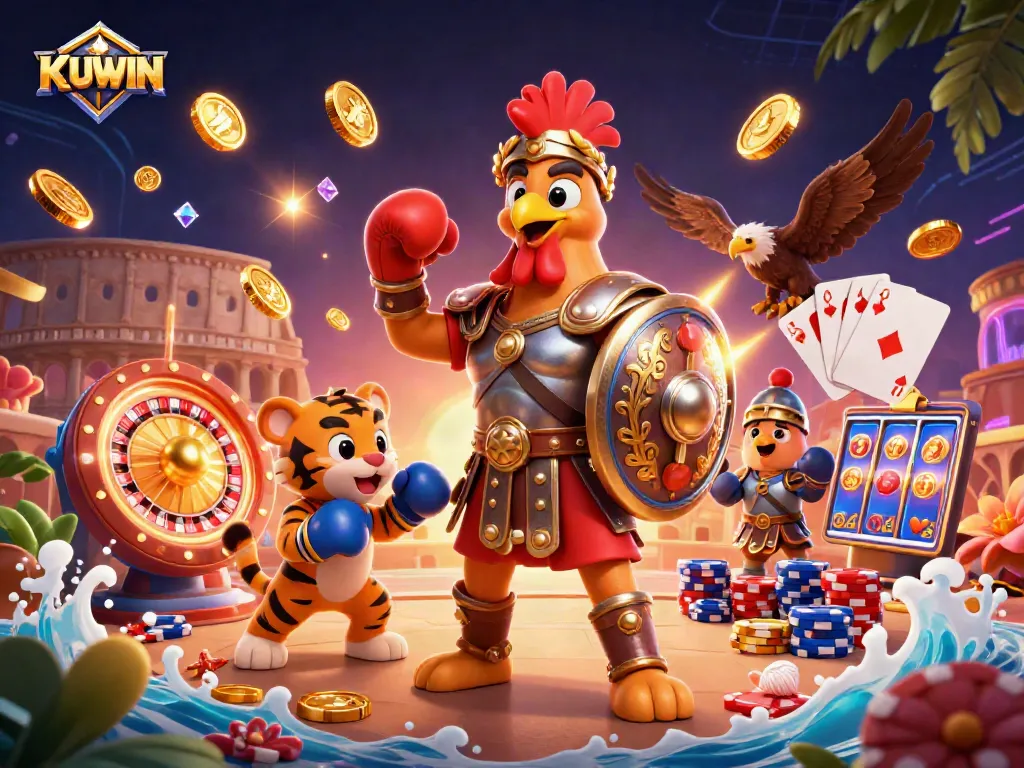 Bet confidently at KUWIN with a thrilling illustration of a rooster gladiator amidst casino excitement.
