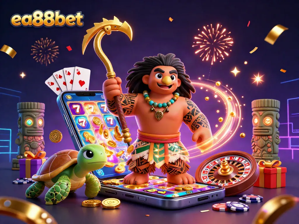 Engage with ea88bet's thrilling games featuring a 3D Polynesian demigod alongside casino elements.