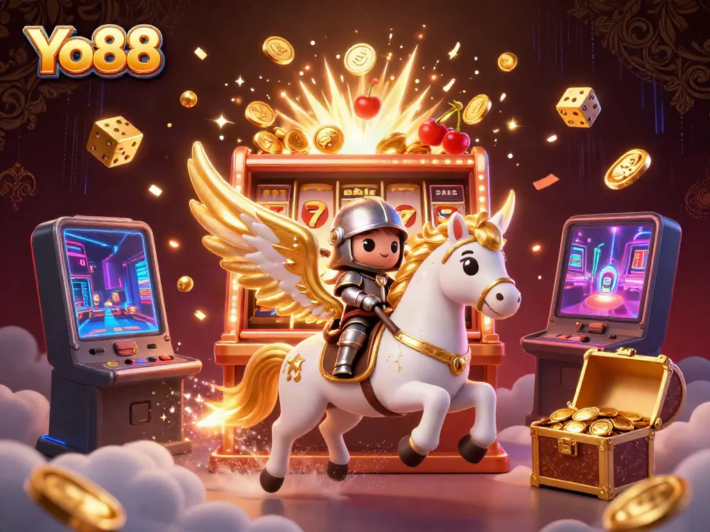 Experience the thrill of Yo88 with this vivid 3D rendering of an exciting jackpot scene filled with vibrant casino elements.