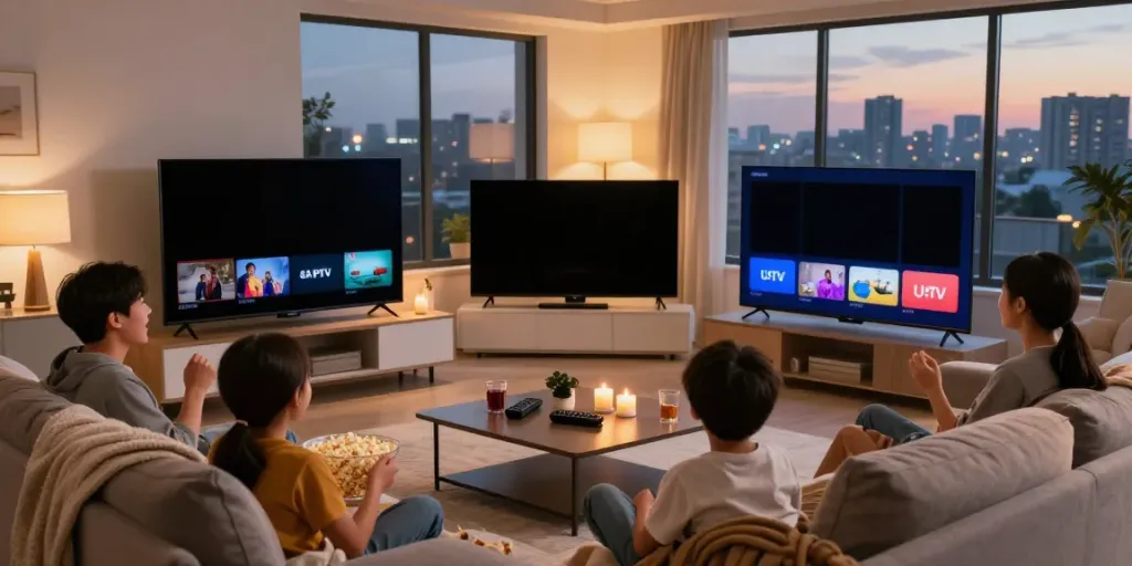 Family enjoying USA IPTV in modern living room with cozy decor.