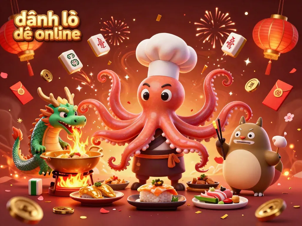 Dynamic scene of đánh lô đề online with a sushi chef octopus, dragon, and tanuki amidst festive elements.