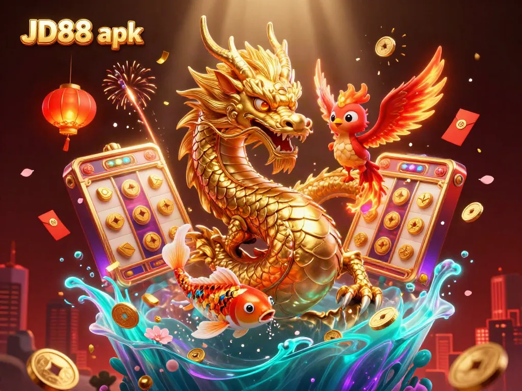 Win big with JD88 apk, illustrated with vibrant characters and gambling elements in a captivating scene.