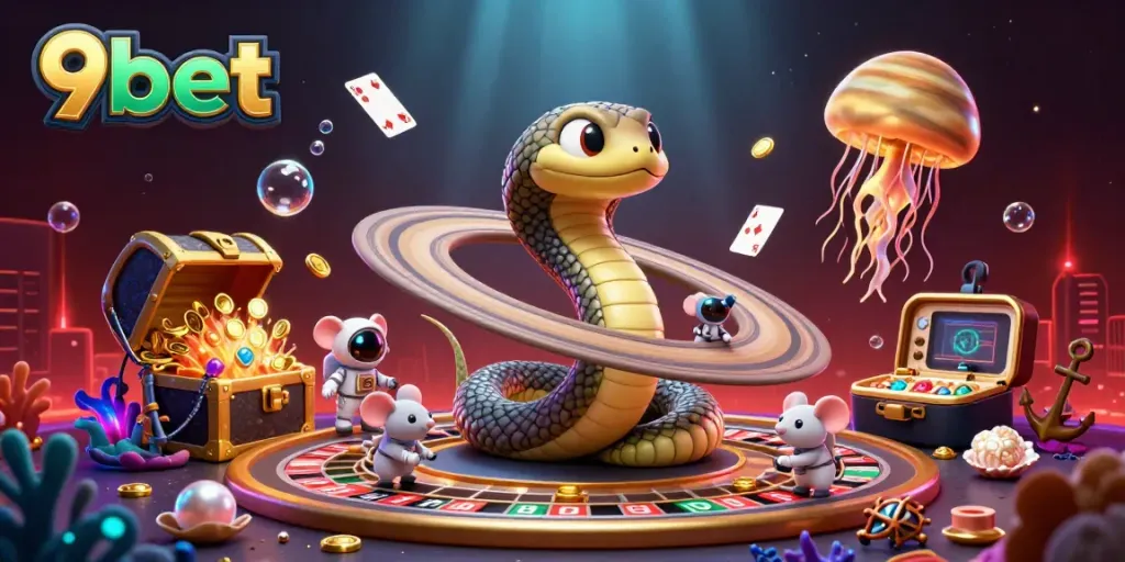 9bet interactive live casino scene with vibrant characters and rich gaming elements.