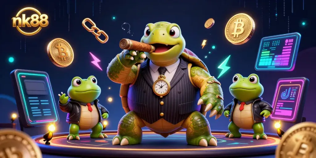 Experience thrilling games at NK88 with a vibrant scene featuring a cartoon turtle mobster amidst animated casino elements.