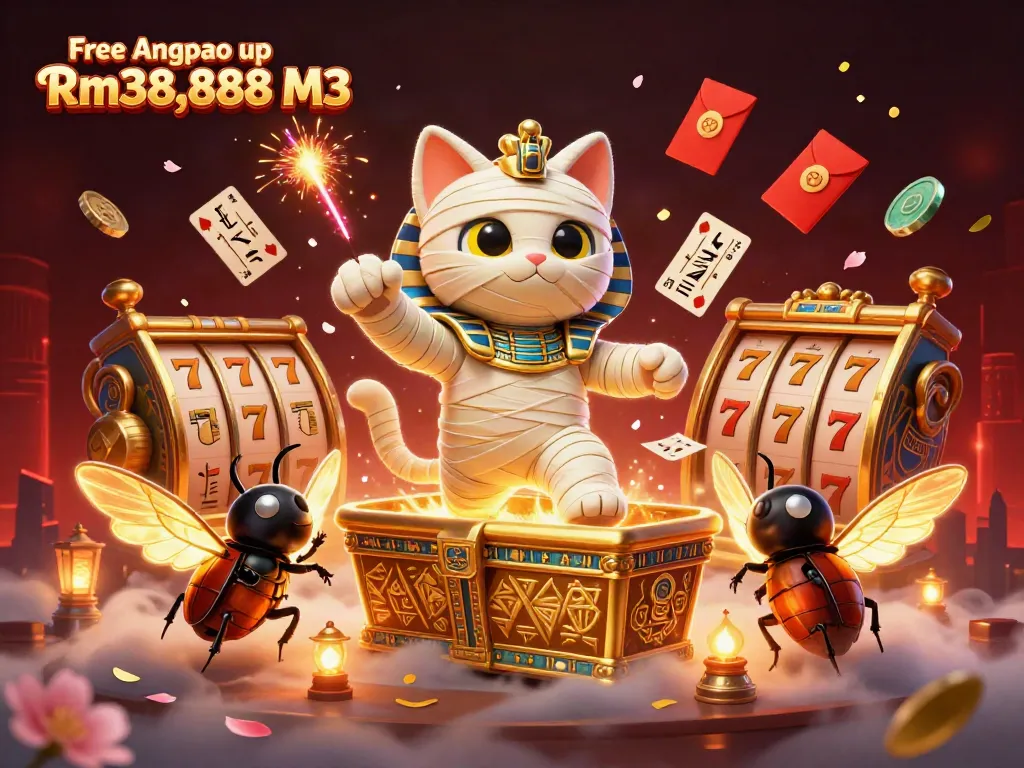 Engage in the excitement of Free Angpao up Rm38,888 M3 with vibrant gaming elements in a casino scene.