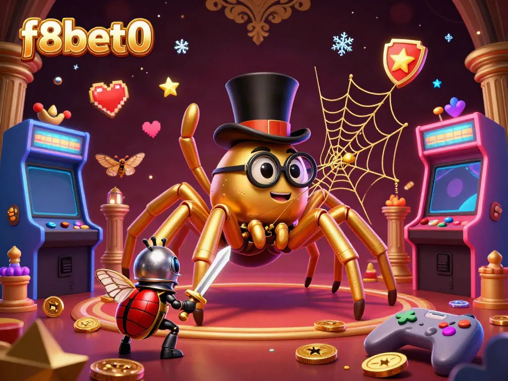 Engage with f8bet0's vibrant casino adventure, featuring a golden tarantula and beetle knight amidst cheering moths, embodying excitement.